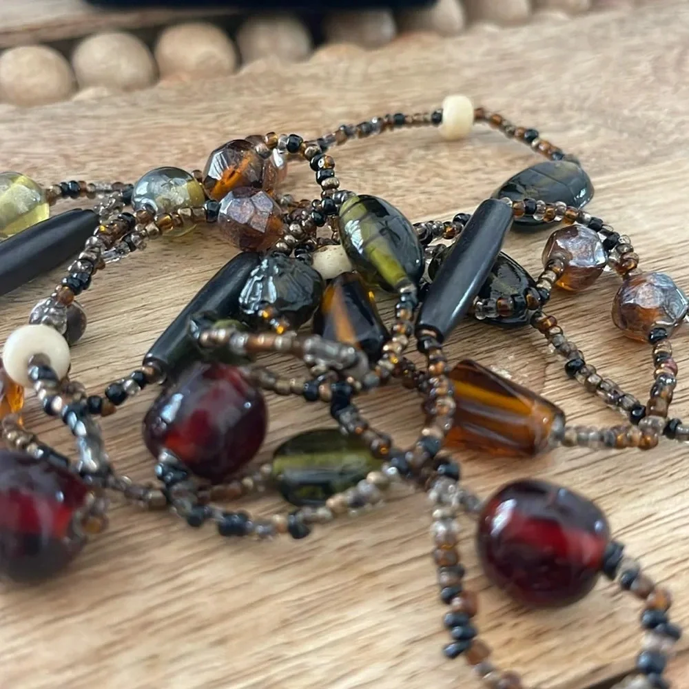 Beaded long necklace glass brown green tan  boho casual